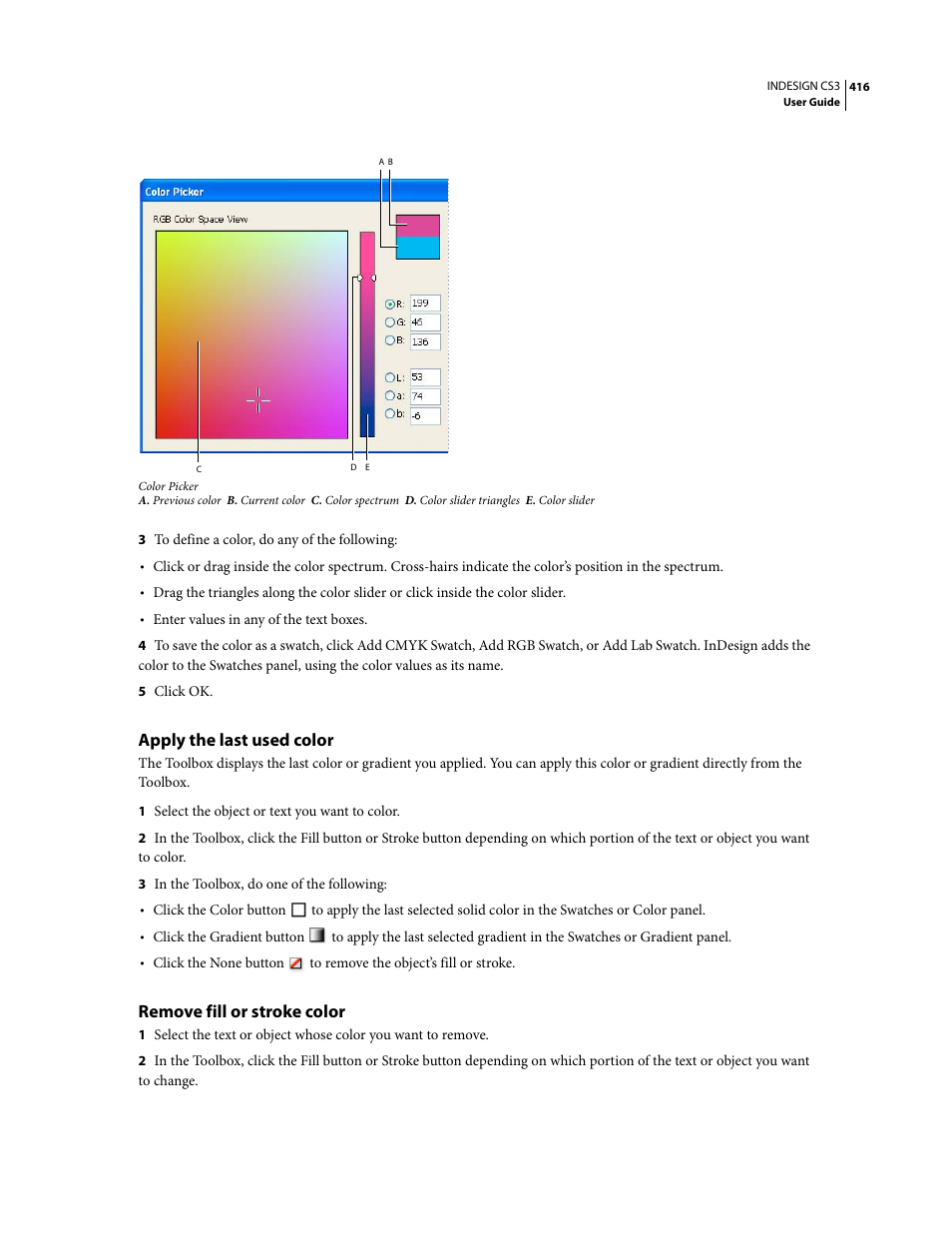 Apply the last used color, Remove fill or stroke color | Adobe InDesign CS3 User Manual | Page 423 / 672