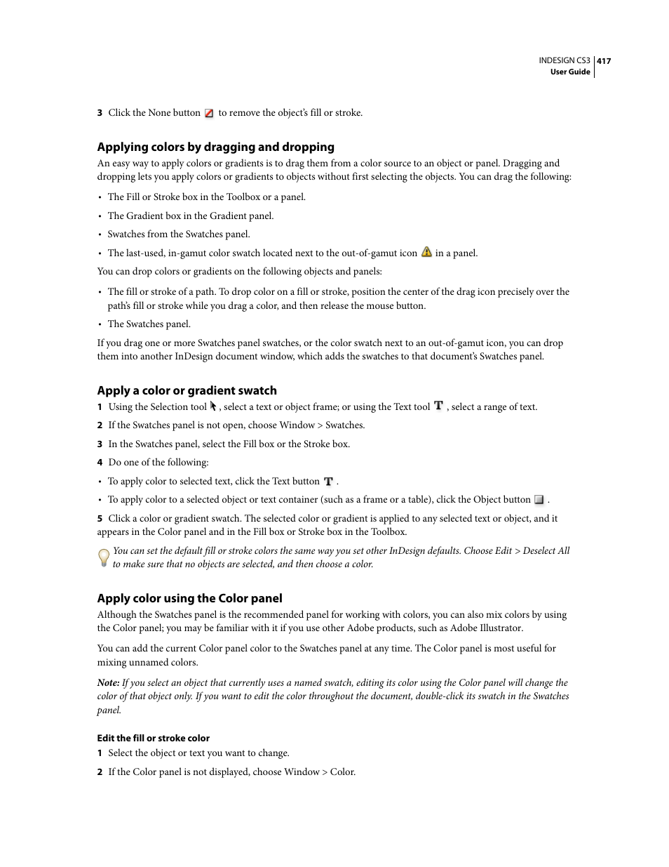 Applying colors by dragging and dropping, Apply a color or gradient swatch, Apply color using the color panel | Adobe InDesign CS3 User Manual | Page 424 / 672