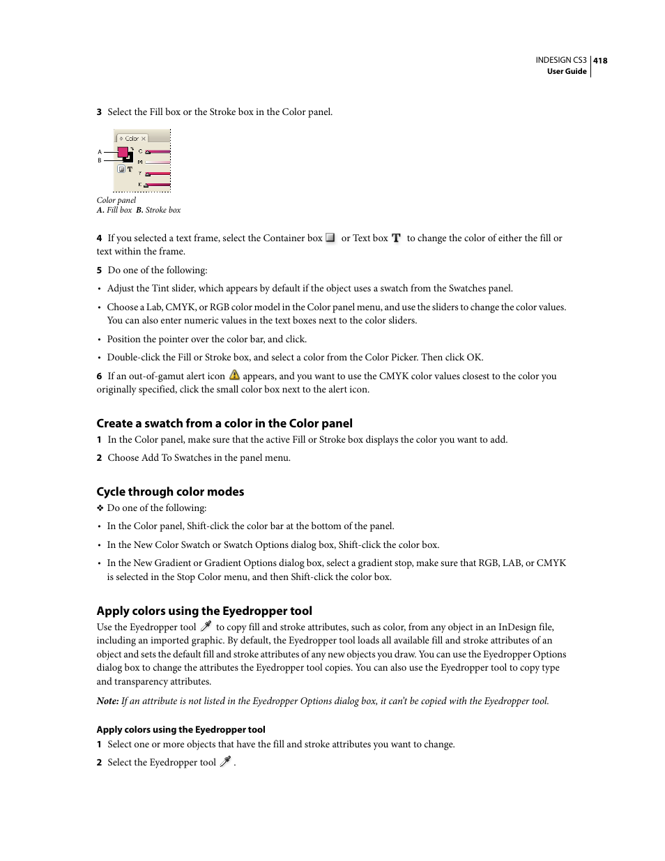 Create a swatch from a color in the color panel, Cycle through color modes, Apply colors using the eyedropper tool | Adobe InDesign CS3 User Manual | Page 425 / 672