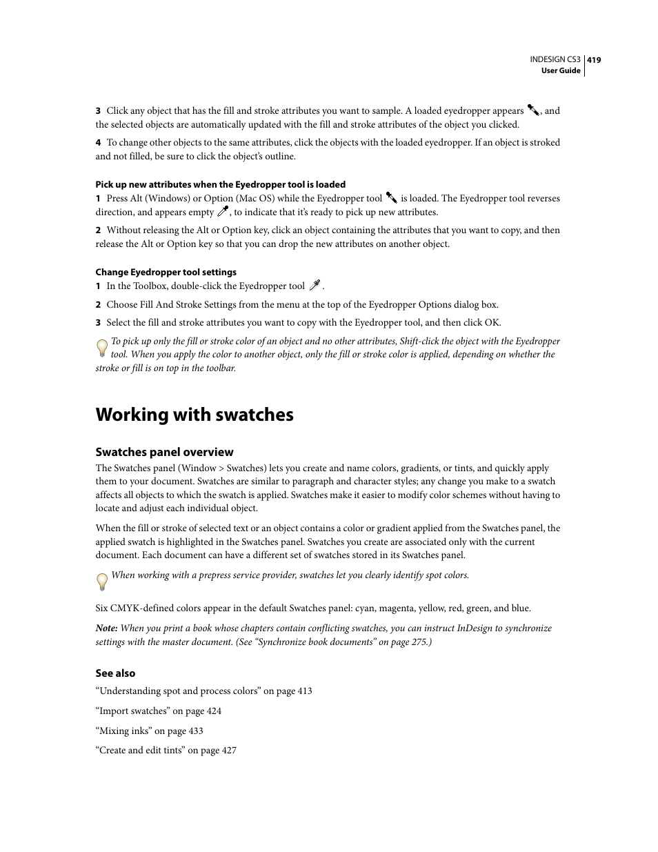 Working with swatches, Swatches panel overview | Adobe InDesign CS3 User Manual | Page 426 / 672