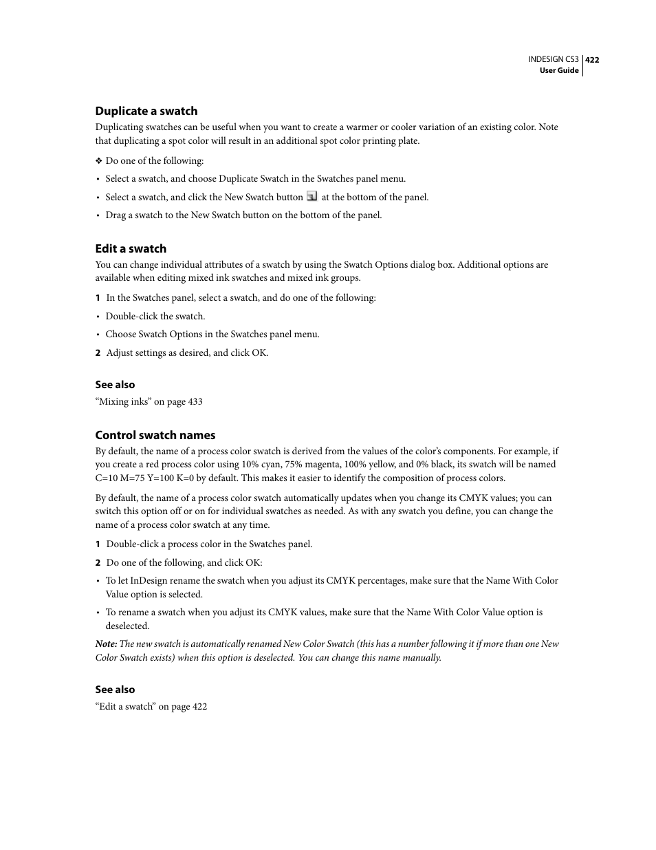 Duplicate a swatch, Edit a swatch, Control swatch names | Adobe InDesign CS3 User Manual | Page 429 / 672