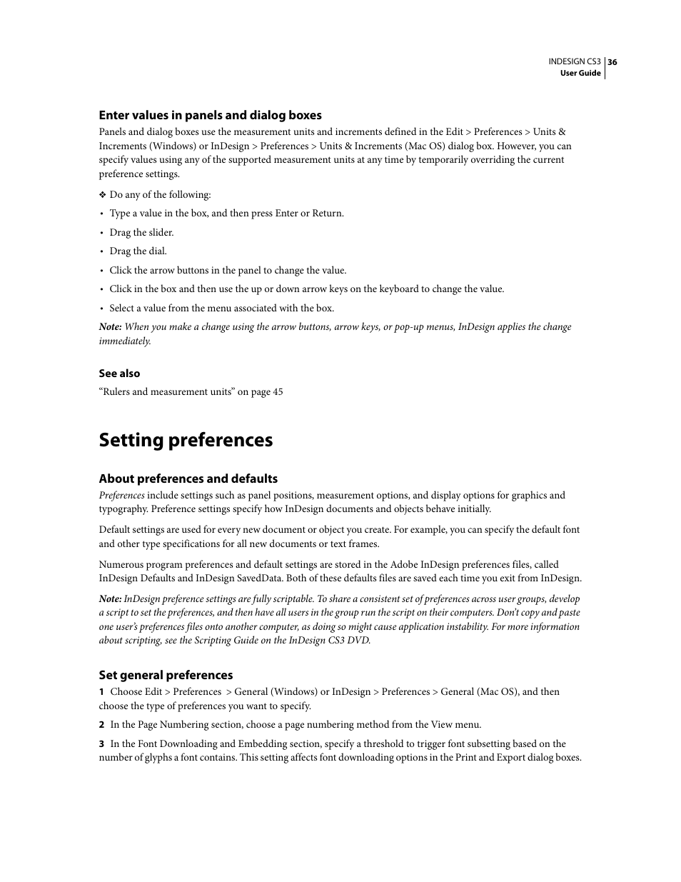 Enter values in panels and dialog boxes, Setting preferences, About preferences and defaults | Set general preferences | Adobe InDesign CS3 User Manual | Page 43 / 672