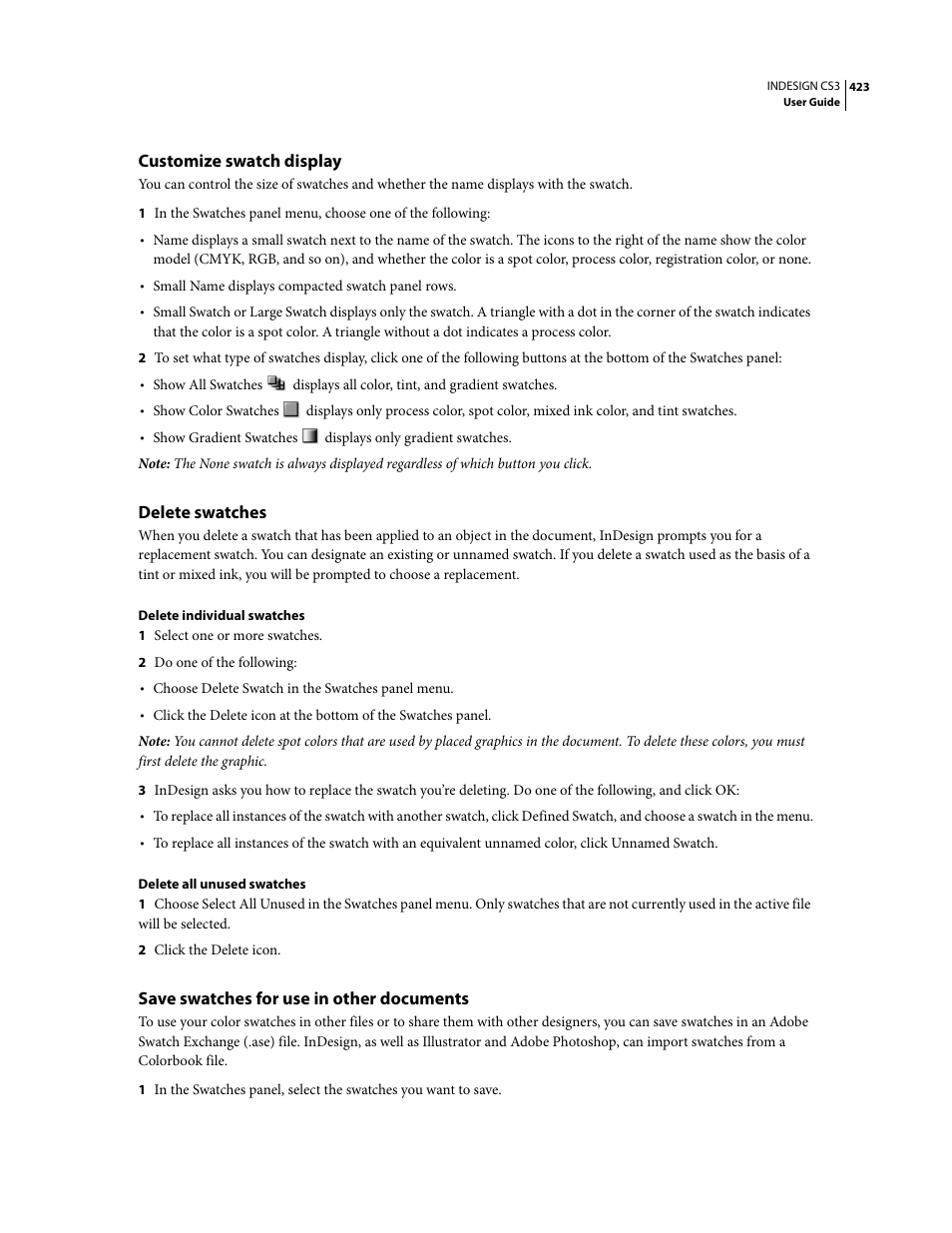 Customize swatch display, Delete swatches, Save swatches for use in other documents | Adobe InDesign CS3 User Manual | Page 430 / 672