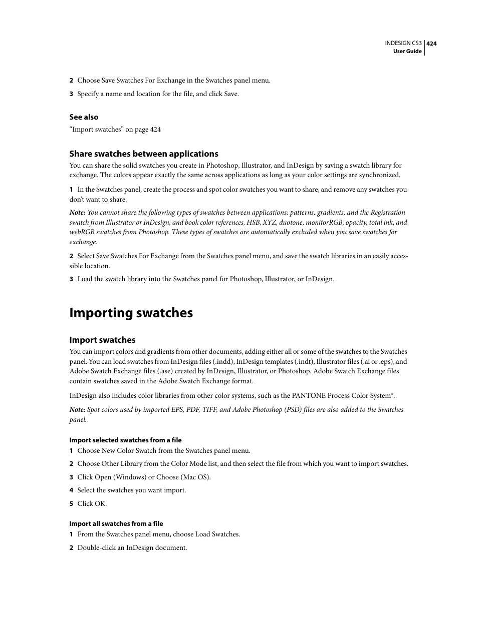 Share swatches between applications, Importing swatches, Import swatches | Adobe InDesign CS3 User Manual | Page 431 / 672