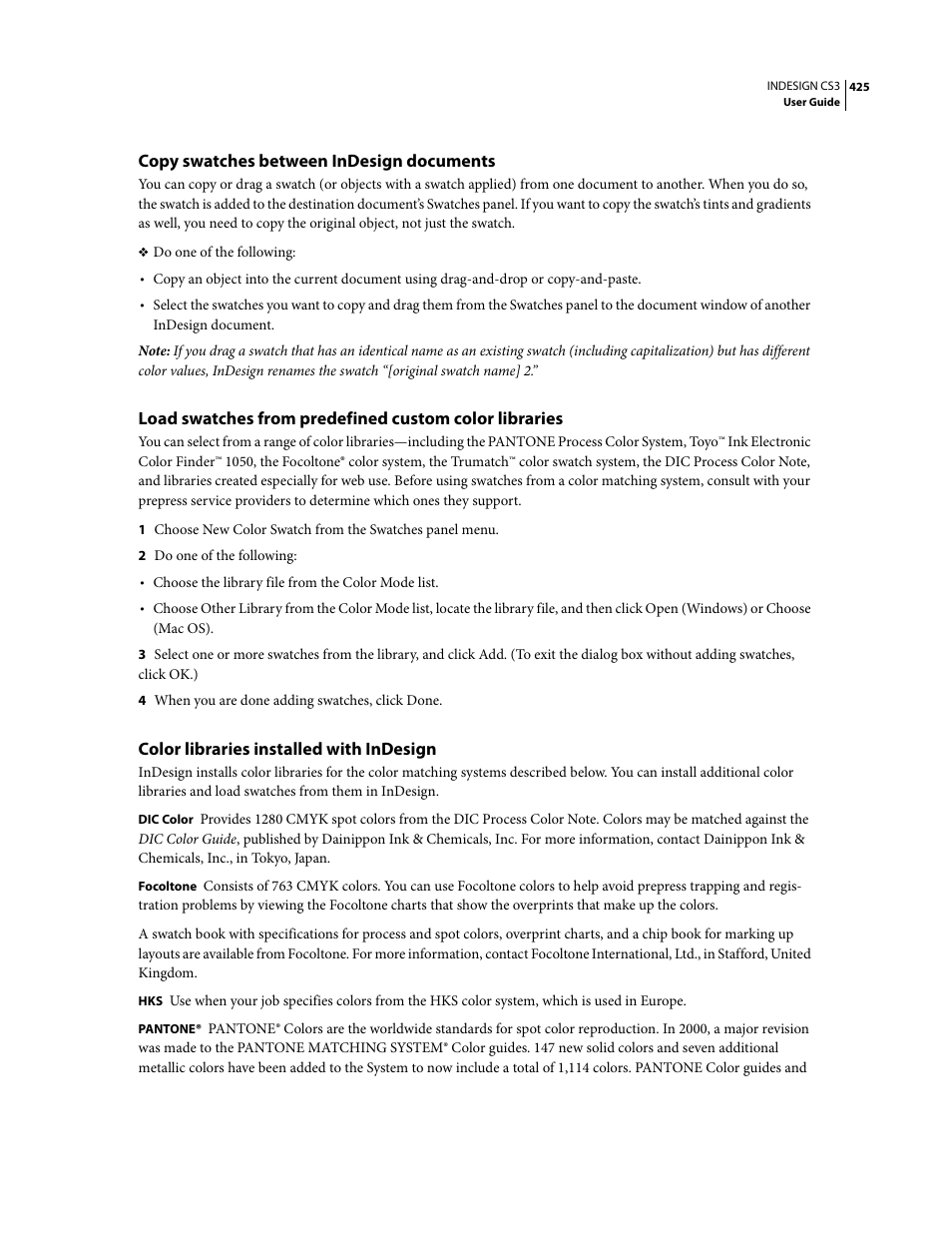 Copy swatches between indesign documents, Color libraries installed with indesign | Adobe InDesign CS3 User Manual | Page 432 / 672