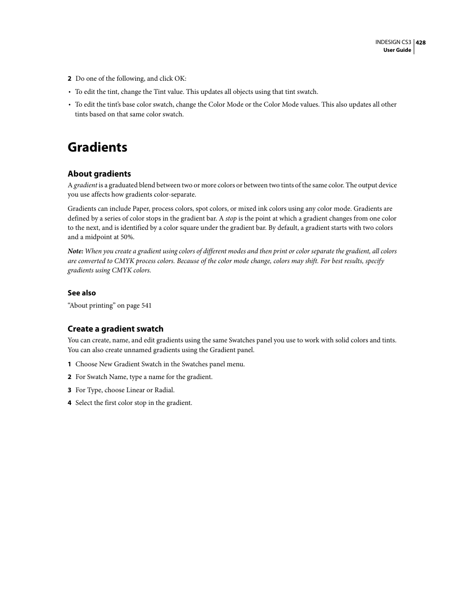 Gradients, About gradients, Create a gradient swatch | Adobe InDesign CS3 User Manual | Page 435 / 672