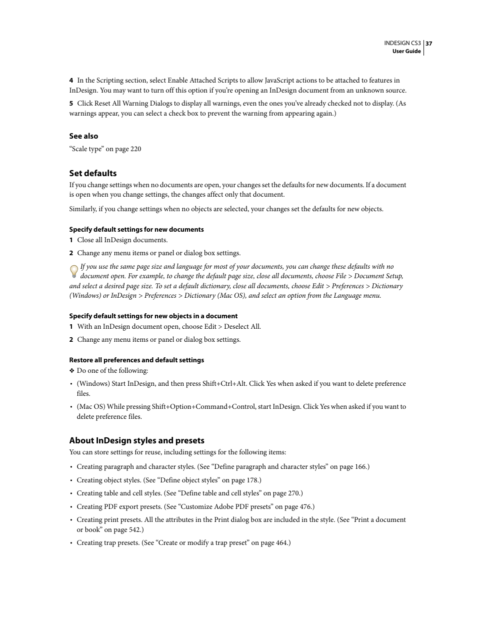 Set defaults, About indesign styles and presets | Adobe InDesign CS3 User Manual | Page 44 / 672