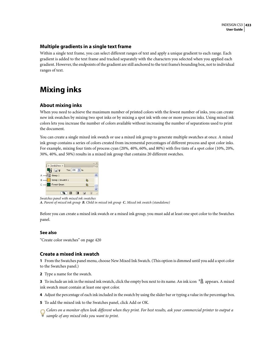 Multiple gradients in a single text frame, Mixing inks, About mixing inks | Create a mixed ink swatch | Adobe InDesign CS3 User Manual | Page 440 / 672