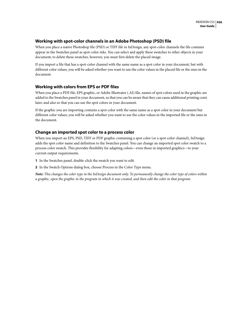 Working with colors from eps or pdf files, Change an imported spot color to a process color | Adobe InDesign CS3 User Manual | Page 443 / 672