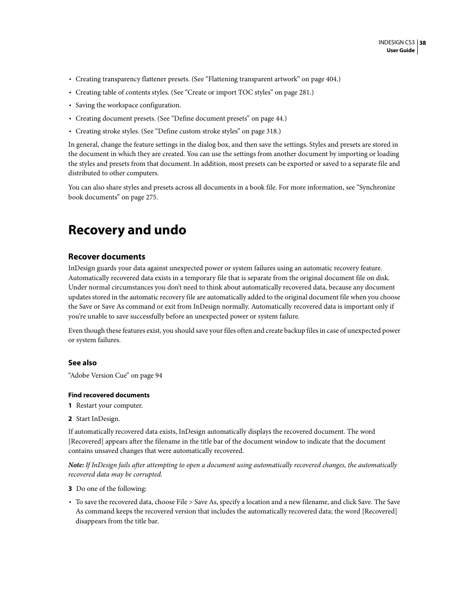 Recovery and undo, Recover documents | Adobe InDesign CS3 User Manual | Page 45 / 672