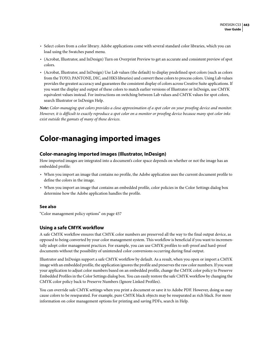 Color-managing imported images, Using a safe cmyk workflow | Adobe InDesign CS3 User Manual | Page 450 / 672