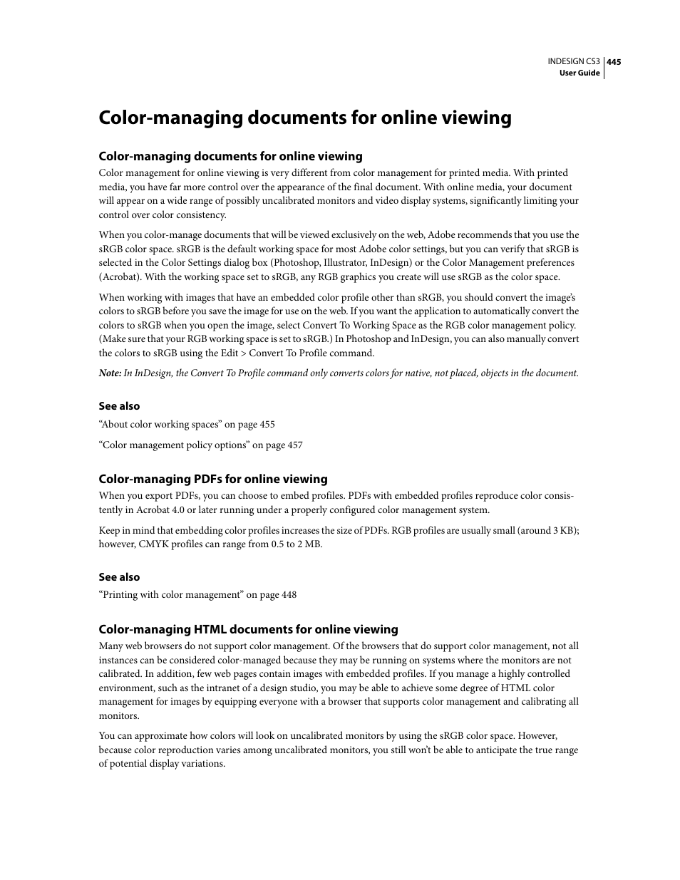Color-managing documents for online viewing, Color-managing pdfs for online viewing, Color-managing html documents for online viewing | Adobe InDesign CS3 User Manual | Page 452 / 672