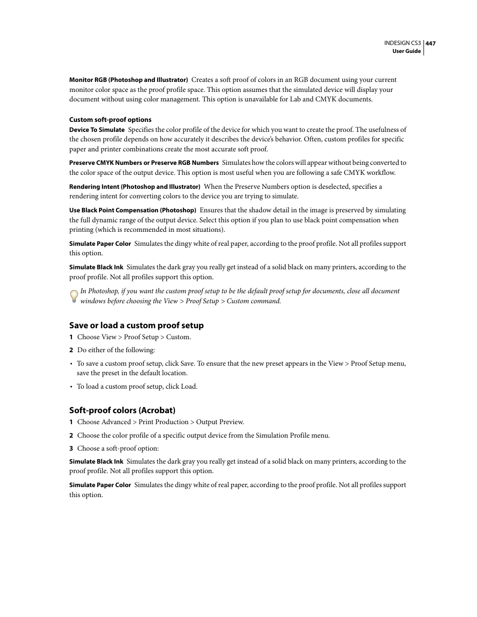 Save or load a custom proof setup, Soft-proof colors (acrobat) | Adobe InDesign CS3 User Manual | Page 454 / 672
