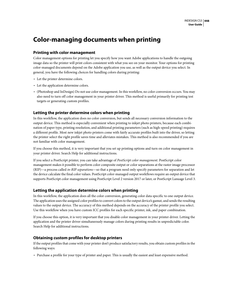 Color-managing documents when printing, Printing with color management, Letting the printer determine colors when printing | Obtaining custom profiles for desktop printers | Adobe InDesign CS3 User Manual | Page 455 / 672