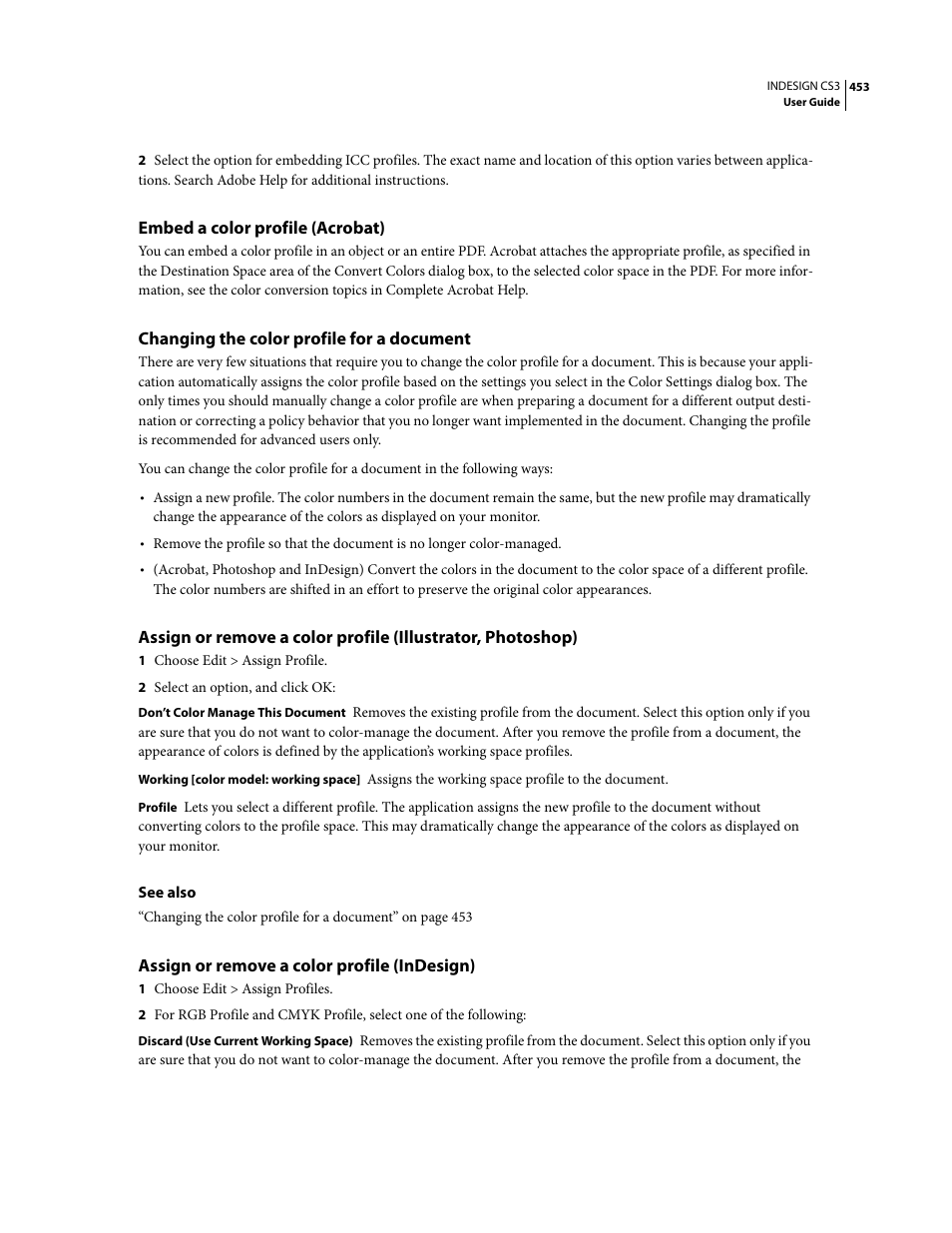 Embed a color profile (acrobat), Changing the color profile for a document, Assign or remove a color profile (indesign) | Adobe InDesign CS3 User Manual | Page 460 / 672