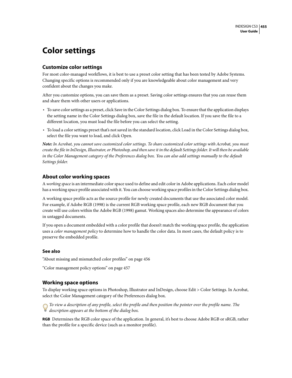 Color settings, Customize color settings, About color working spaces | Working space options | Adobe InDesign CS3 User Manual | Page 462 / 672