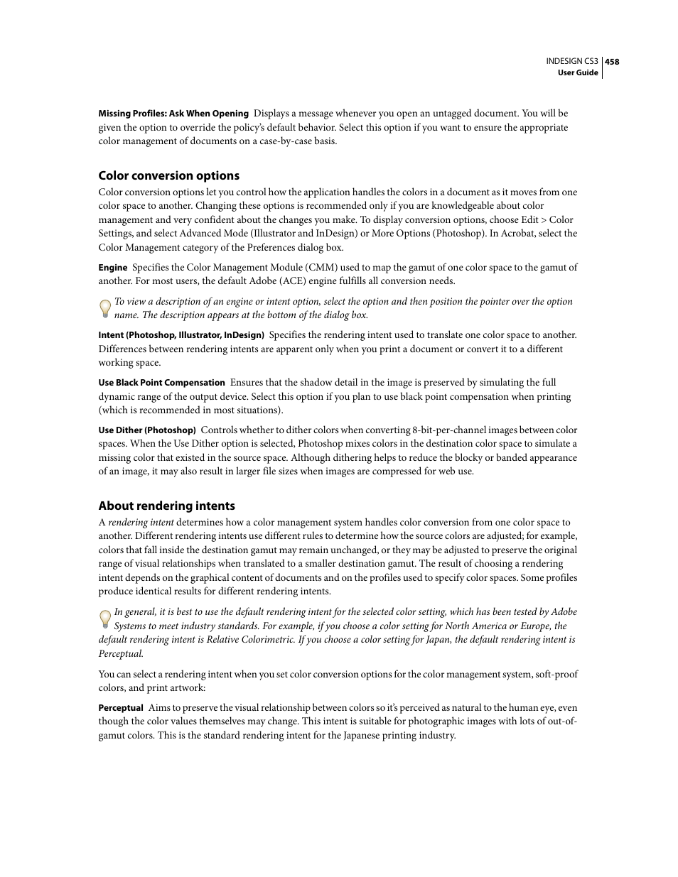 Color conversion options, About rendering intents | Adobe InDesign CS3 User Manual | Page 465 / 672