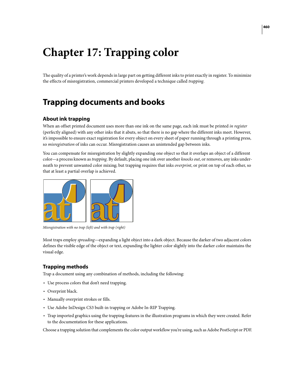 Chapter 17: trapping color, Trapping documents and books, About ink trapping | Trapping methods | Adobe InDesign CS3 User Manual | Page 467 / 672