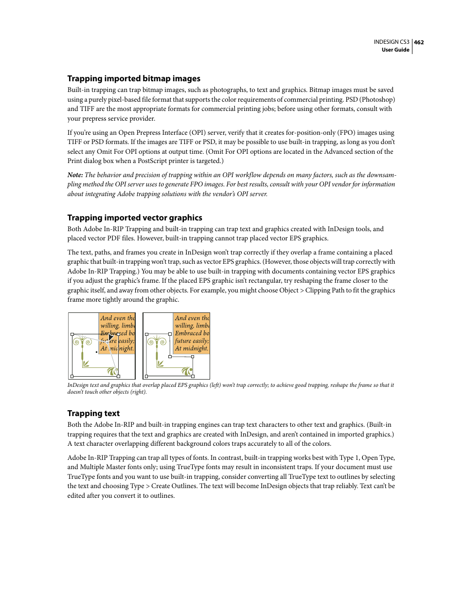 Trapping imported bitmap images, Trapping imported vector graphics, Trapping text | Adobe InDesign CS3 User Manual | Page 469 / 672