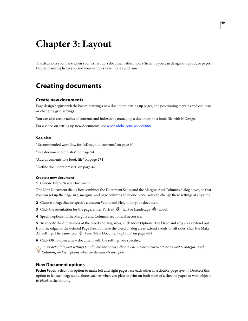 Chapter 3: layout, Creating documents, Create new documents | New document options | Adobe InDesign CS3 User Manual | Page 47 / 672