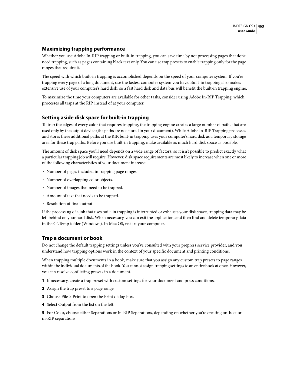 Maximizing trapping performance, Setting aside disk space for built-in trapping, Trap a document or book | Adobe InDesign CS3 User Manual | Page 470 / 672