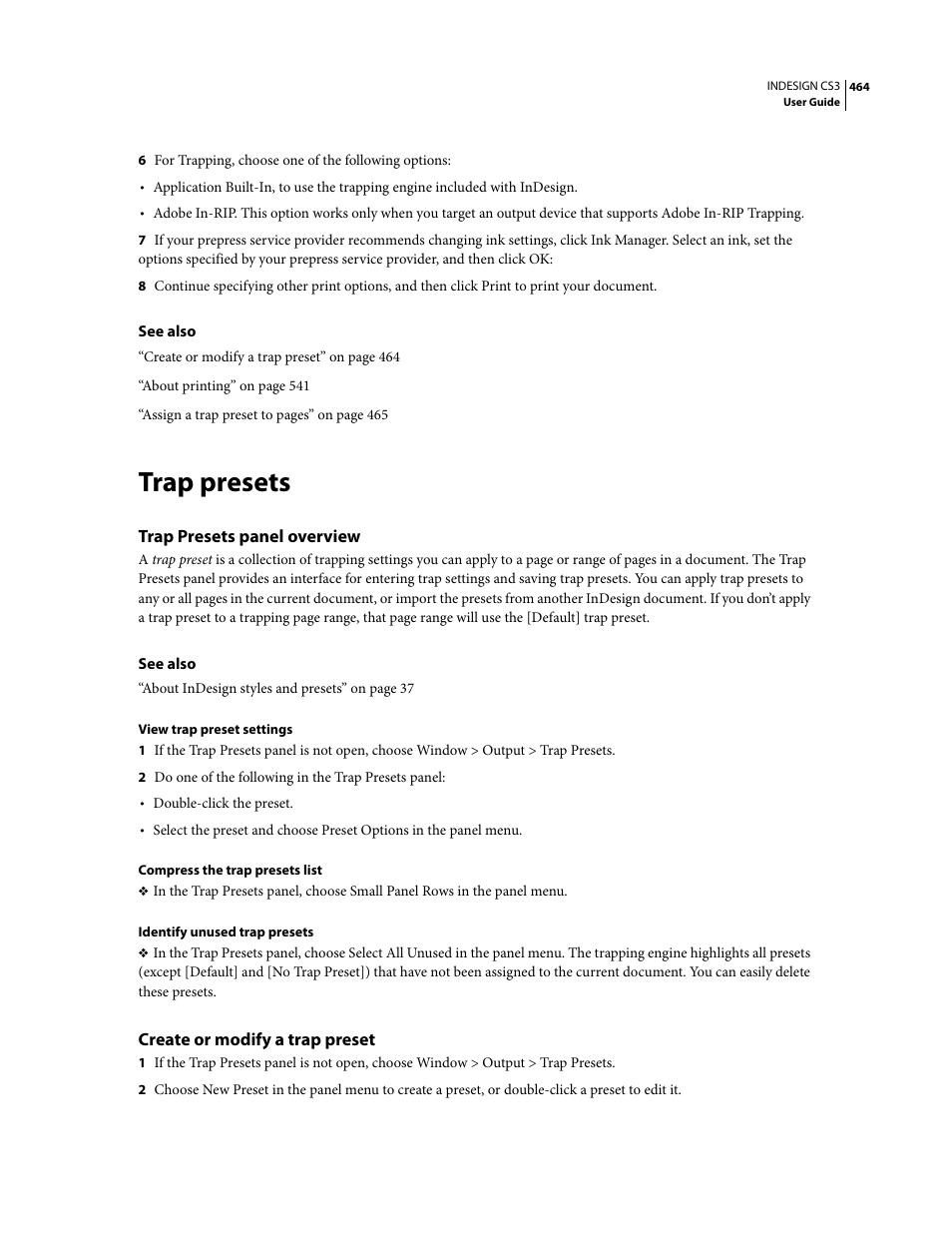 Trap presets, Trap presets panel overview, Create or modify a trap preset | Adobe InDesign CS3 User Manual | Page 471 / 672