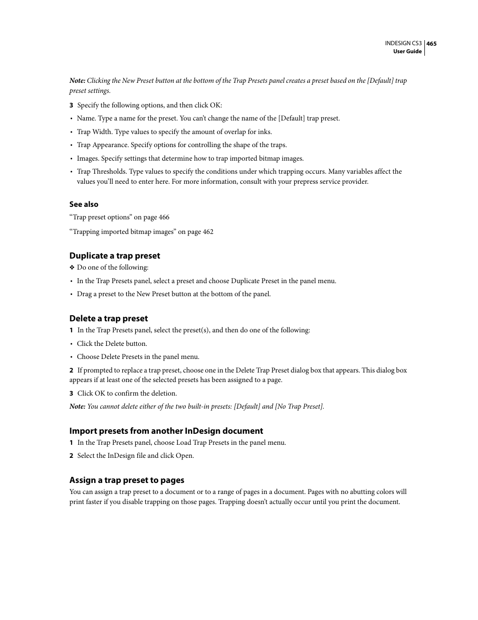 Duplicate a trap preset, Delete a trap preset, Import presets from another indesign document | Adobe InDesign CS3 User Manual | Page 472 / 672