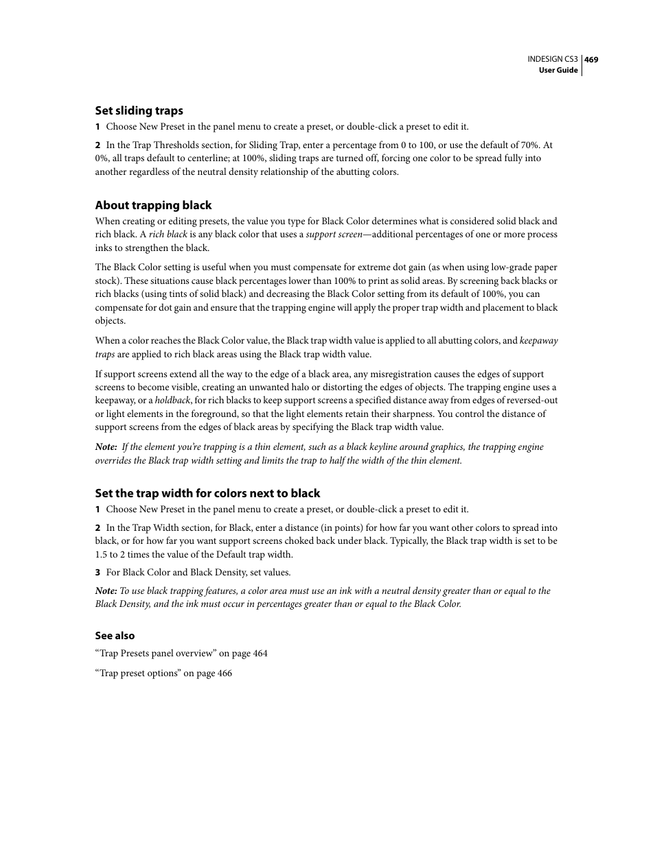 Set sliding traps, About trapping black, Set the trap width for colors next to black | Adobe InDesign CS3 User Manual | Page 476 / 672
