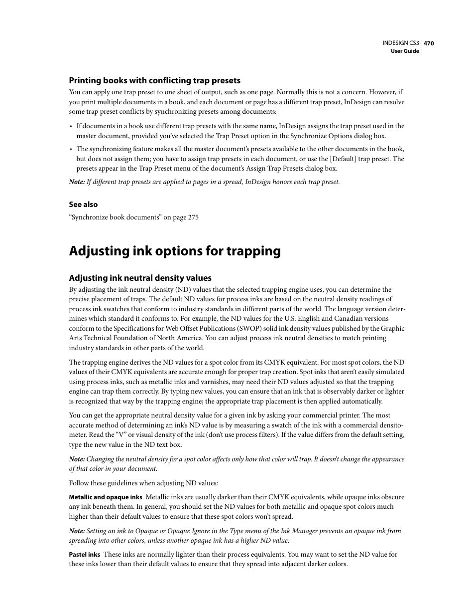 Printing books with conflicting trap presets, Adjusting ink options for trapping, Adjusting ink neutral density values | Adobe InDesign CS3 User Manual | Page 477 / 672