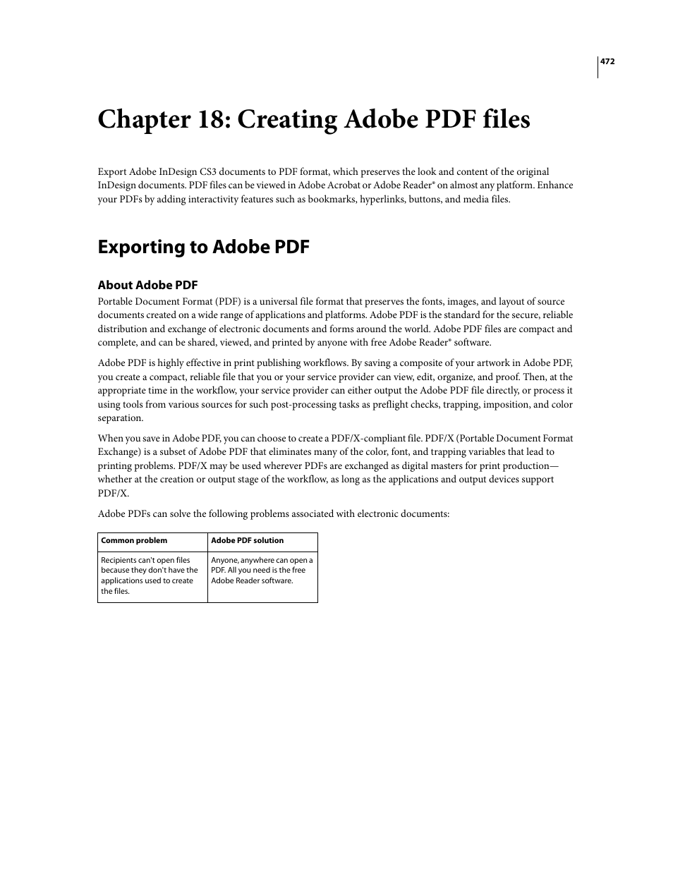 Chapter 18: creating adobe pdf files, Exporting to adobe pdf, About adobe pdf | Adobe InDesign CS3 User Manual | Page 479 / 672