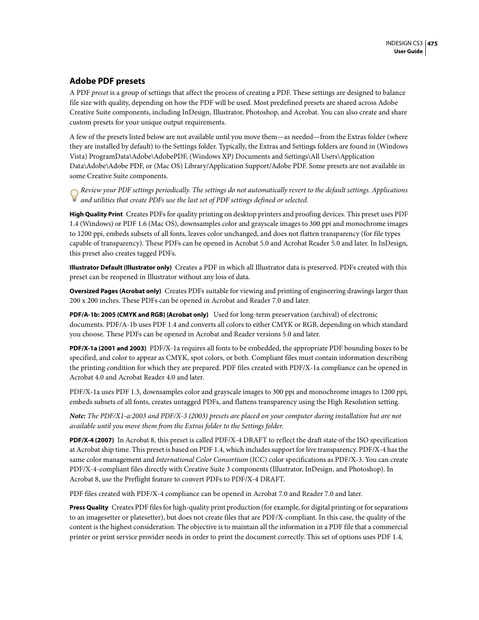 Adobe pdf presets | Adobe InDesign CS3 User Manual | Page 482 / 672