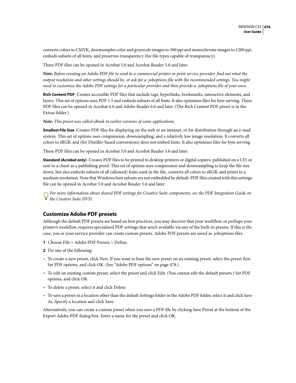 Customize adobe pdf presets | Adobe InDesign CS3 User Manual | Page 483 / 672