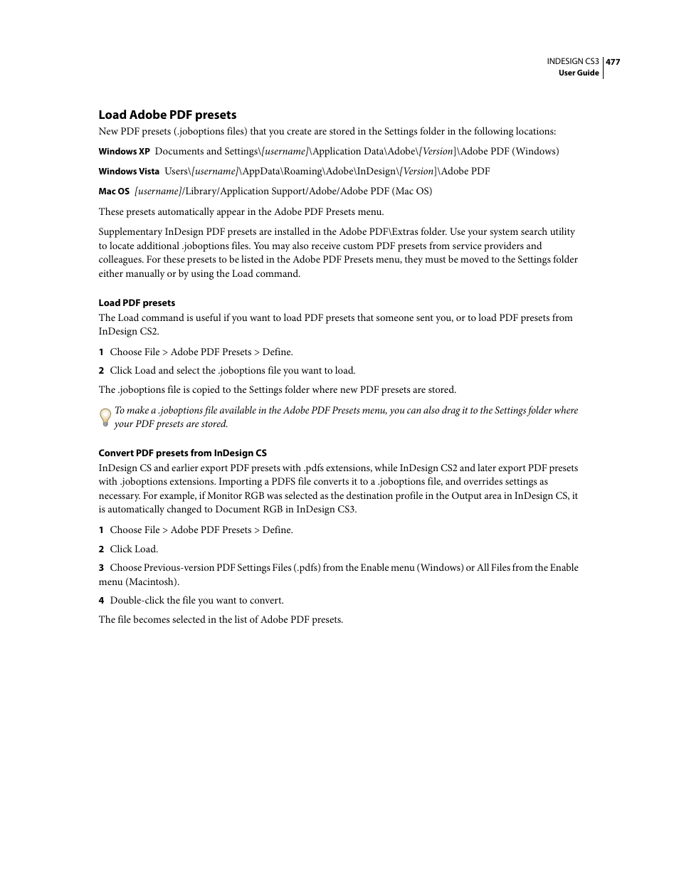 Load adobe pdf presets | Adobe InDesign CS3 User Manual | Page 484 / 672