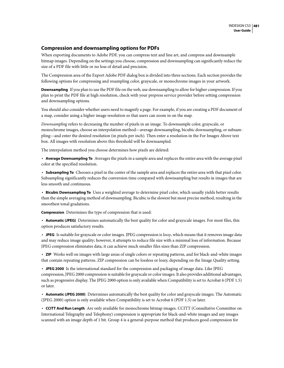 Compression and downsampling options for pdfs | Adobe InDesign CS3 User Manual | Page 488 / 672