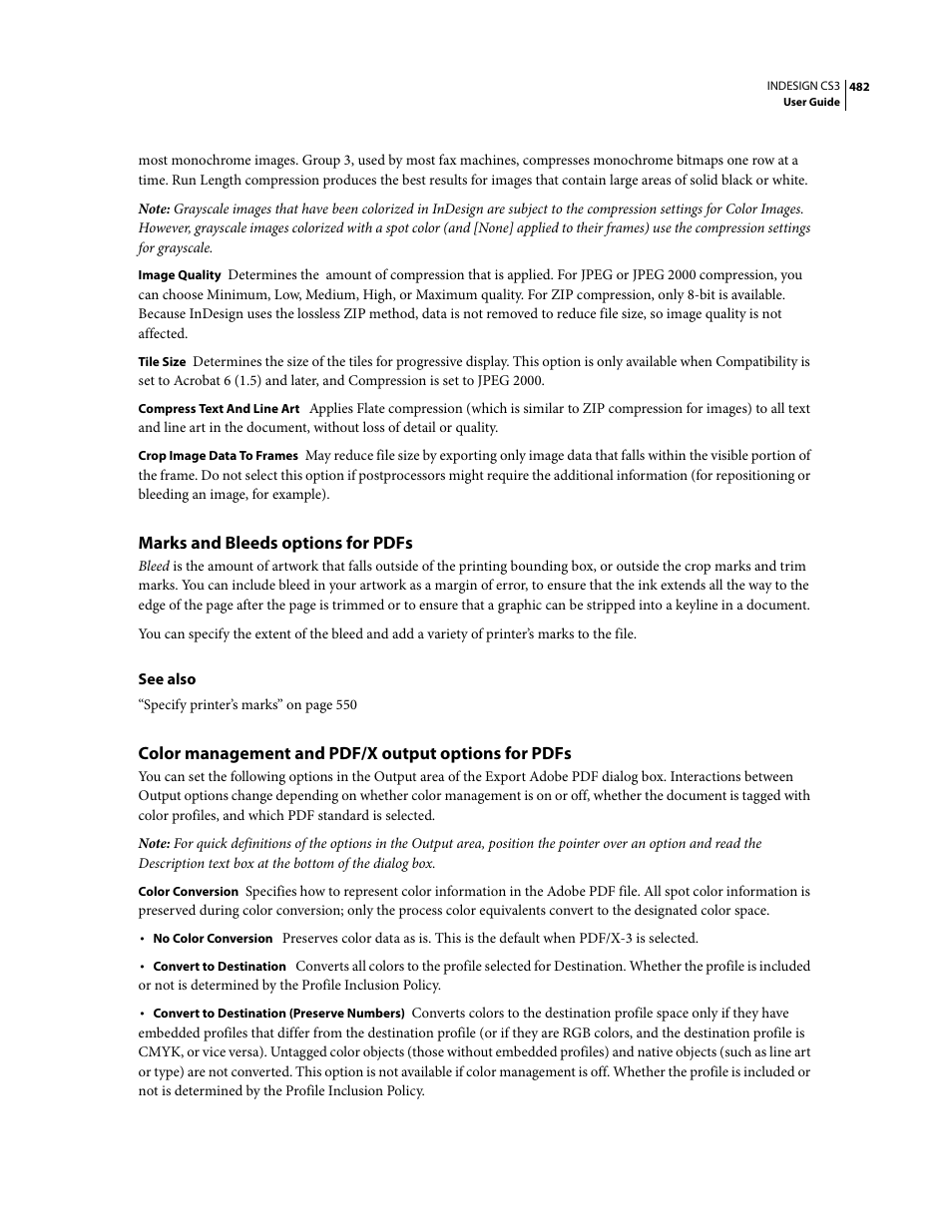 Marks and bleeds options for pdfs, Color management and pdf/x output options for pdfs | Adobe InDesign CS3 User Manual | Page 489 / 672