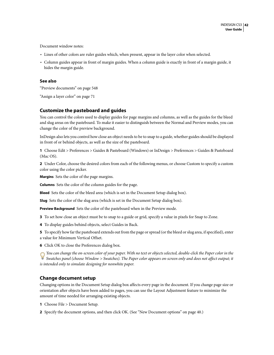 Customize the pasteboard and guides, Change document setup | Adobe InDesign CS3 User Manual | Page 49 / 672