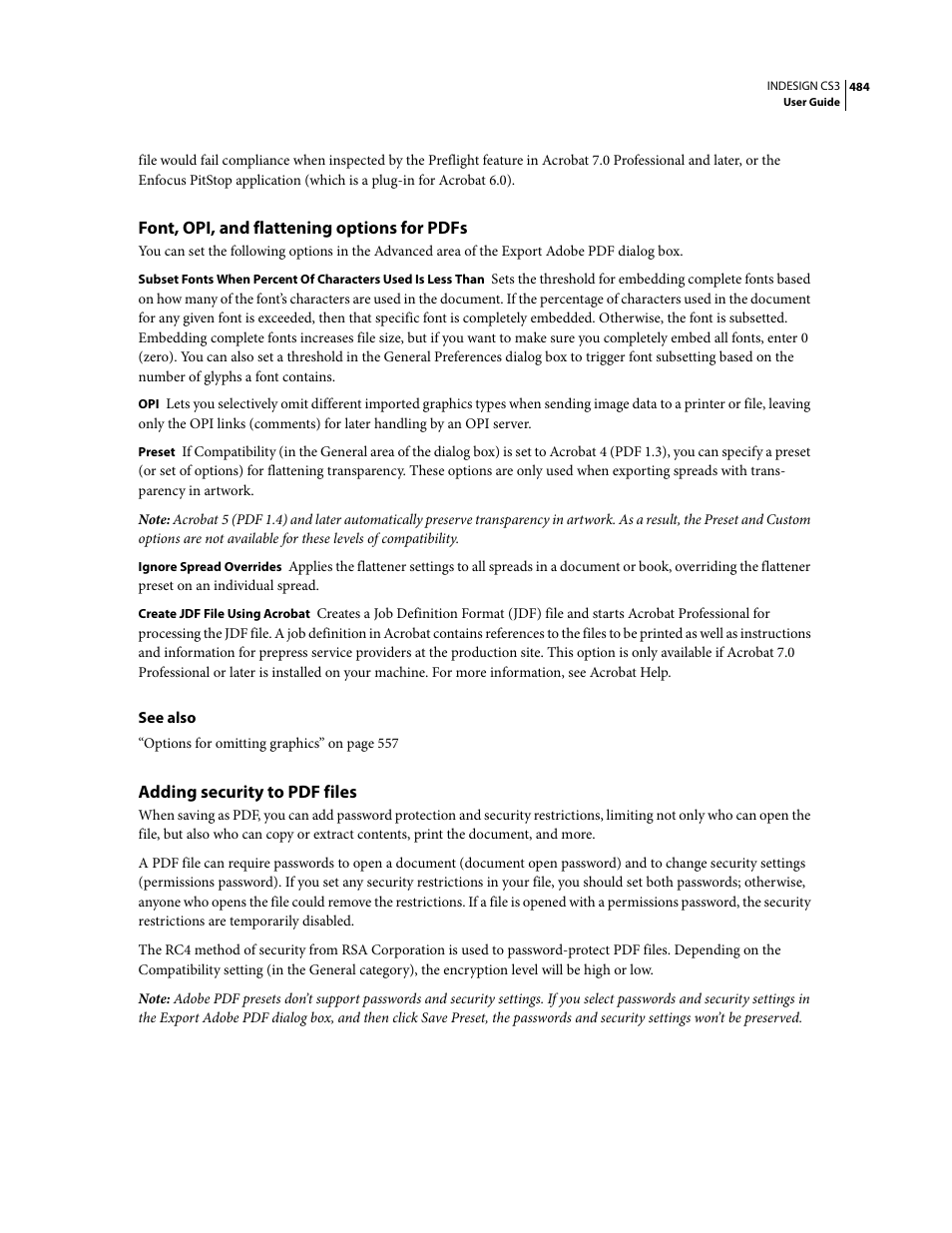 Font, opi, and flattening options for pdfs, Adding security to pdf files | Adobe InDesign CS3 User Manual | Page 491 / 672