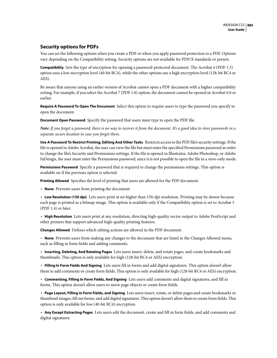 Security options for pdfs | Adobe InDesign CS3 User Manual | Page 492 / 672