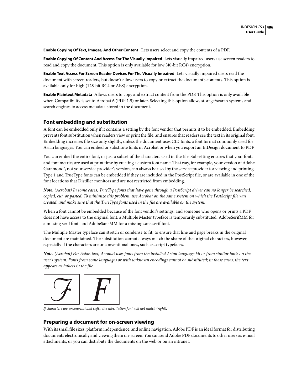 Font embedding and substitution, Preparing a document for on-screen viewing | Adobe InDesign CS3 User Manual | Page 493 / 672