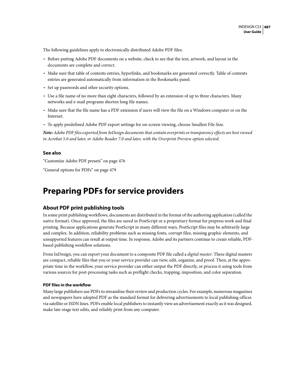 Preparing pdfs for service providers, About pdf print publishing tools | Adobe InDesign CS3 User Manual | Page 494 / 672