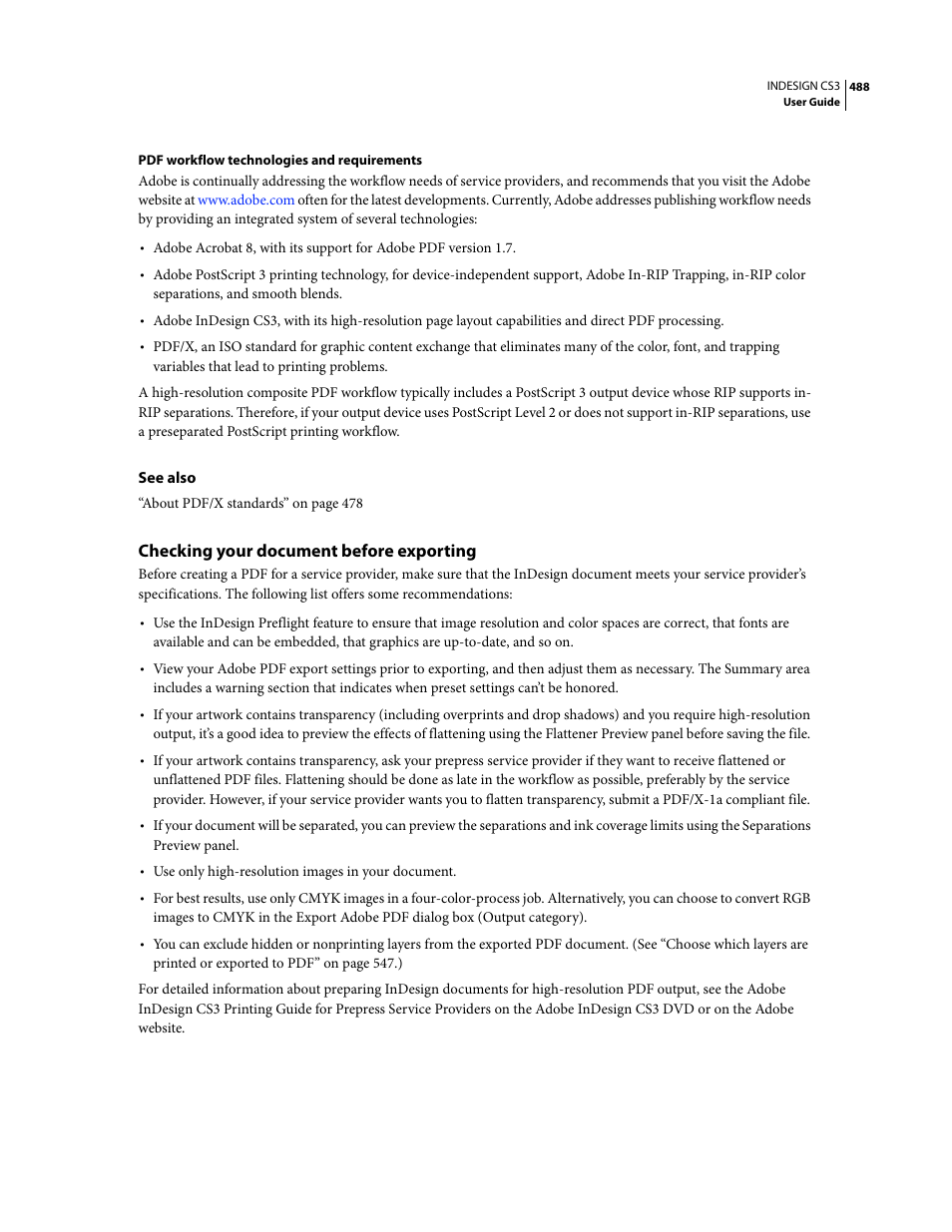 Checking your document before exporting | Adobe InDesign CS3 User Manual | Page 495 / 672