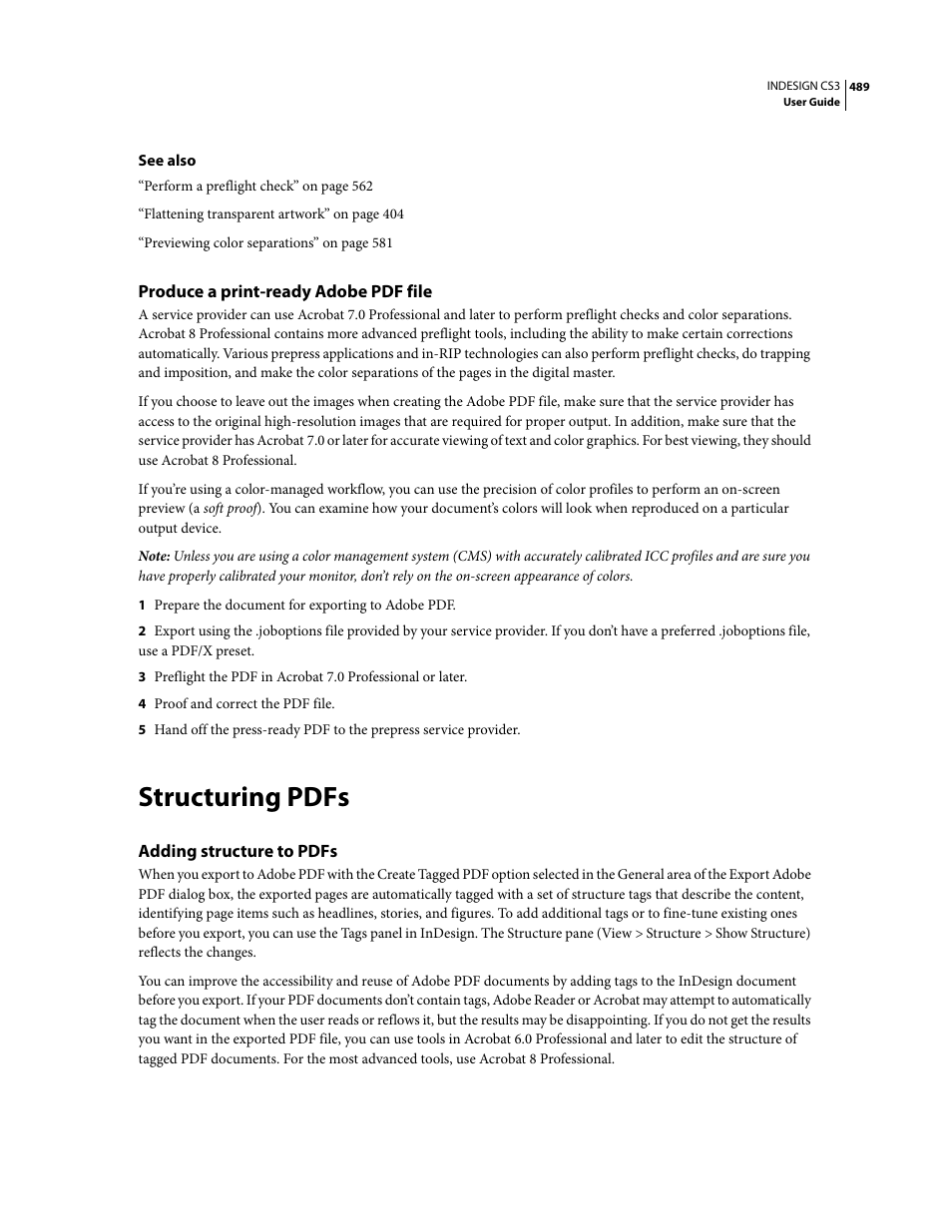 Produce a print-ready adobe pdf file, Structuring pdfs, Adding structure to pdfs | Adobe InDesign CS3 User Manual | Page 496 / 672