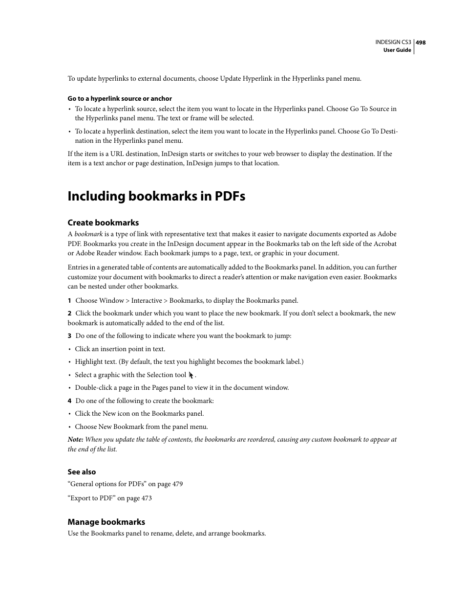 Including bookmarks in pdfs, Create bookmarks, Manage bookmarks | Adobe InDesign CS3 User Manual | Page 505 / 672