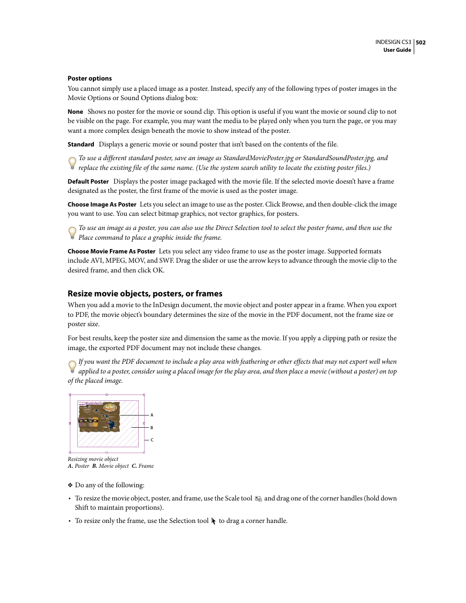 Resize movie objects, posters, or frames | Adobe InDesign CS3 User Manual | Page 509 / 672