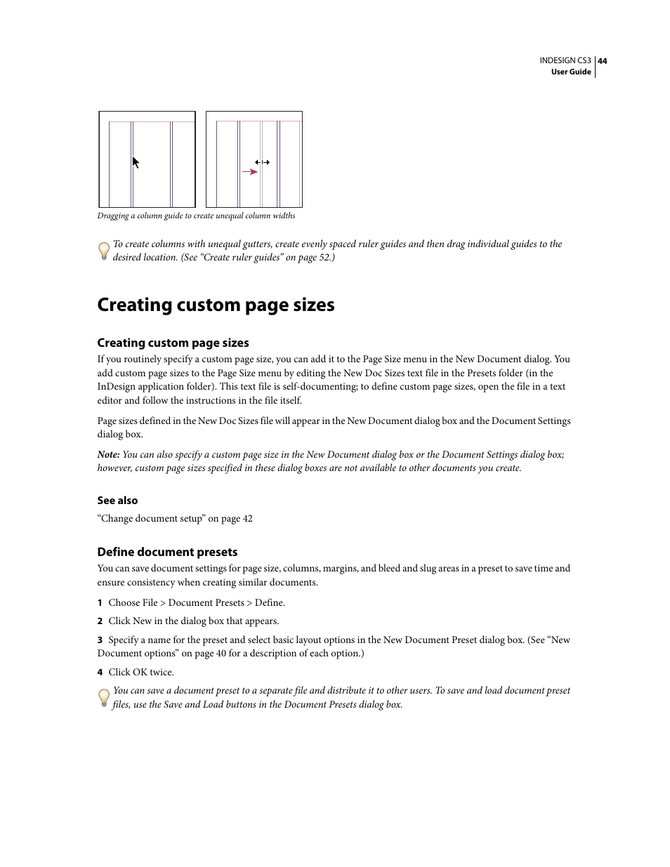 Define document presets, Creating custom page sizes | Adobe InDesign CS3 User Manual | Page 51 / 672