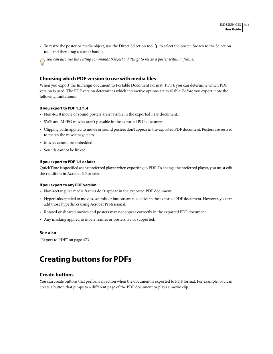Choosing which pdf version to use with media files, Creating buttons for pdfs, Create buttons | Create | Adobe InDesign CS3 User Manual | Page 510 / 672