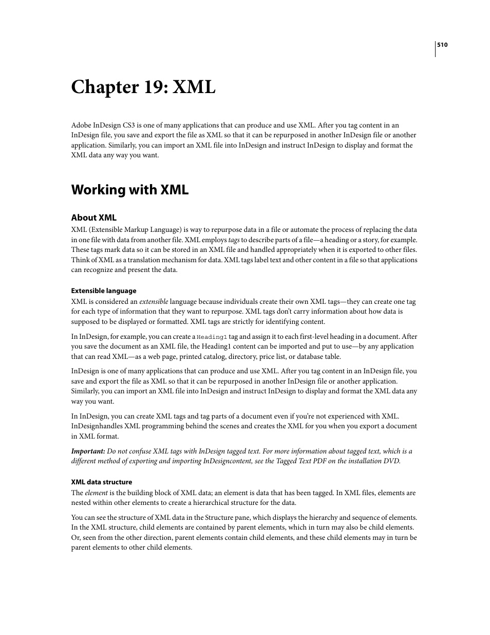 Chapter 19: xml, Working with xml, About xml | Adobe InDesign CS3 User Manual | Page 517 / 672