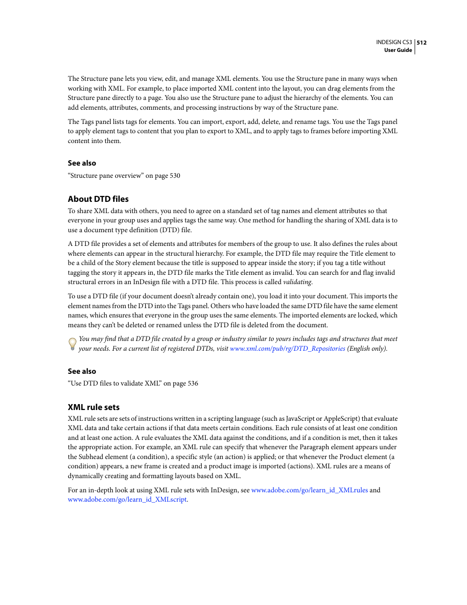 About dtd files, Xml rule sets | Adobe InDesign CS3 User Manual | Page 519 / 672