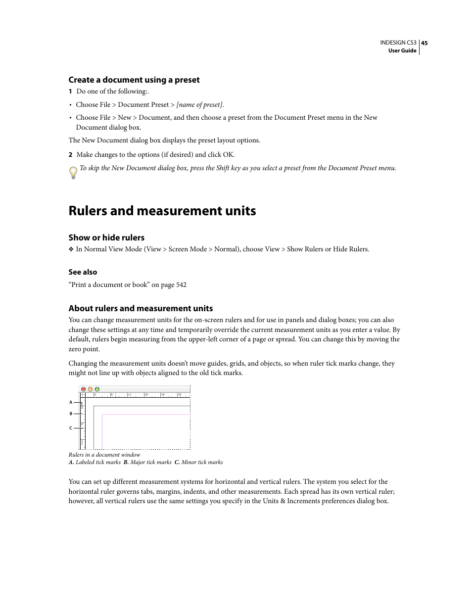 Create a document using a preset, Rulers and measurement units, Show or hide rulers | About rulers and measurement units | Adobe InDesign CS3 User Manual | Page 52 / 672
