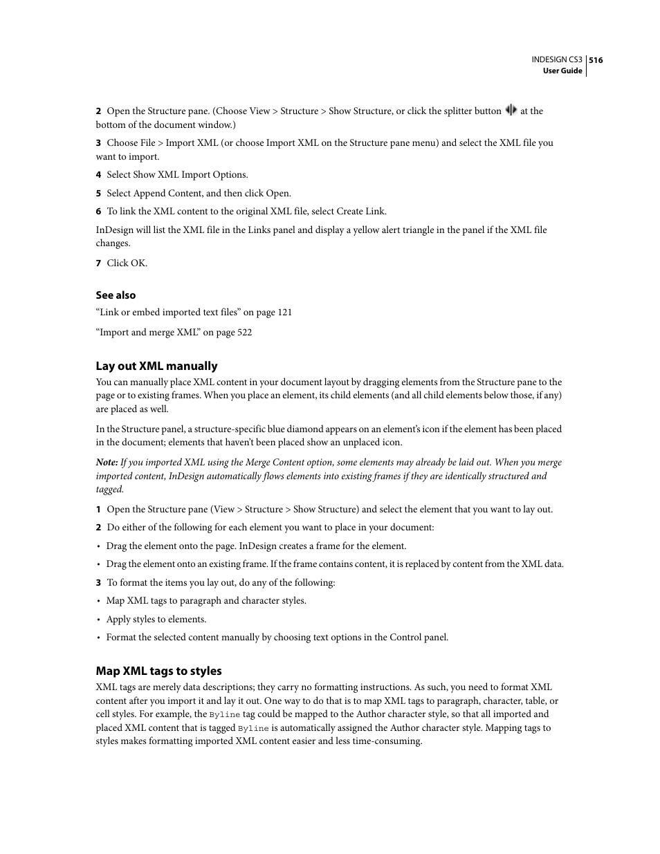 Lay out xml manually, Map xml tags to styles | Adobe InDesign CS3 User Manual | Page 523 / 672